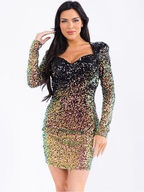 Banjul | Zahara Long Sleeve V Neck Sequin Bodycon Mini Dress New Medium Black